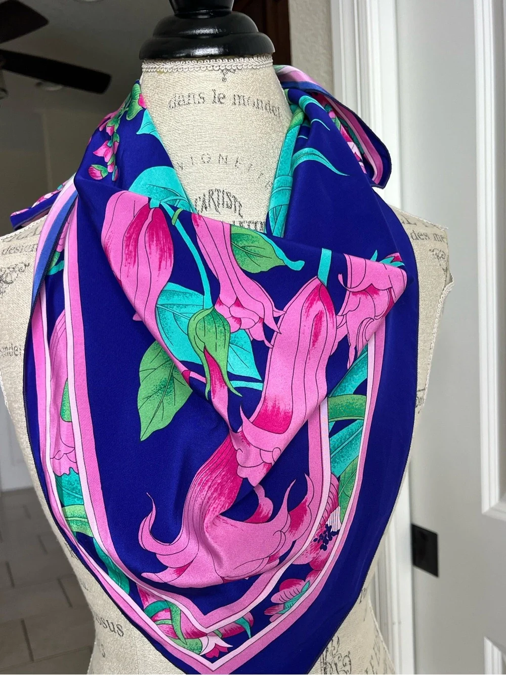 EUC beautiful vibrant, blue, and bold pink floral large scarf. 32